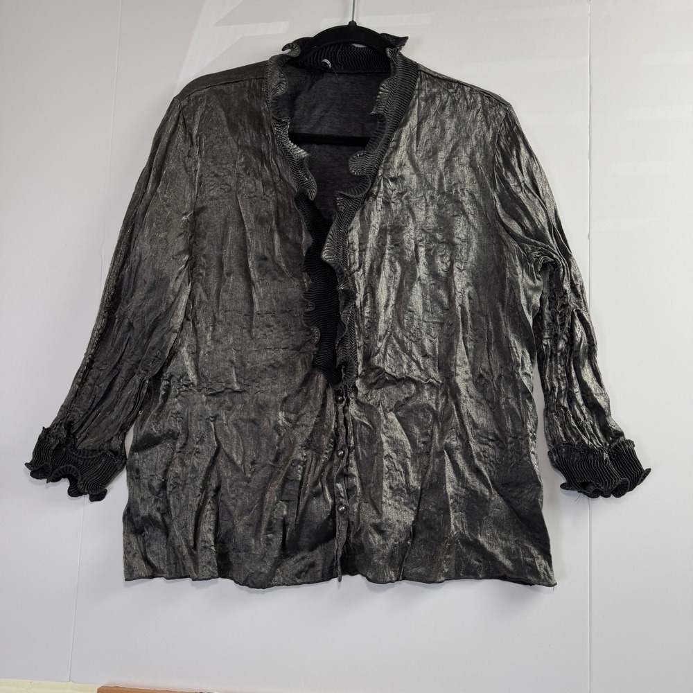Piano Metallic Silver Crinkle Ruffle Blouse Long Sleeve Shimmer Top Large READ